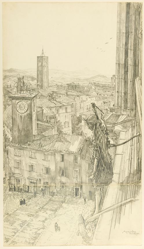 Muirhead BONE - The Bronze Sculpture of Saint Michael and the Dragon on the Façade of the Cathedral of Orvieto, Looking Down on the Piazza del Duomo | MasterArt